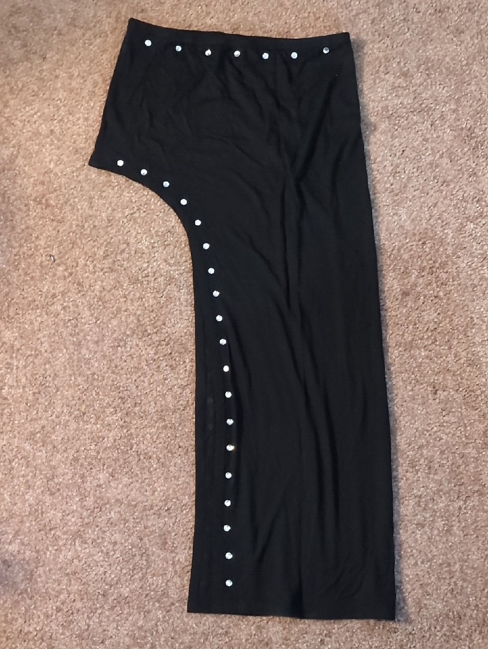 Current Mood Black Asymmetrical Maxi Skirt with Rhinestone Detailing.